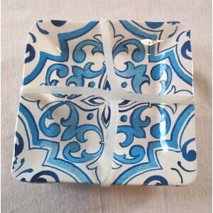 x4 NEW Artistic Accents Melamine Appetizer Plates Blue White Square Coastal READ
